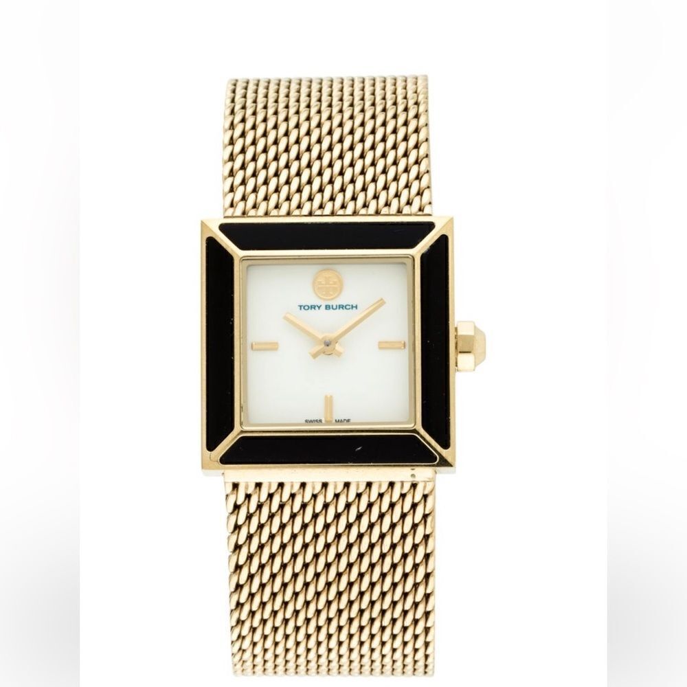 Tory Burch sawyer watch- mesh band and black enamel trim